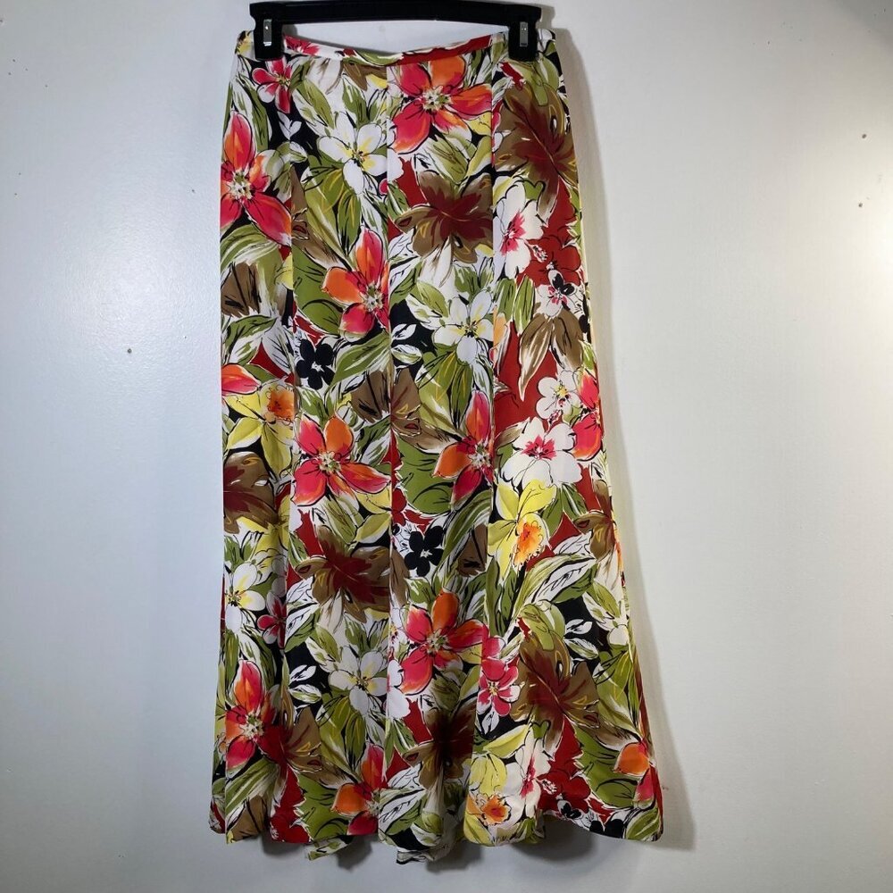 Womens Talbots Floral Silk Midi‎ Skirt Lined White Green Red 26"